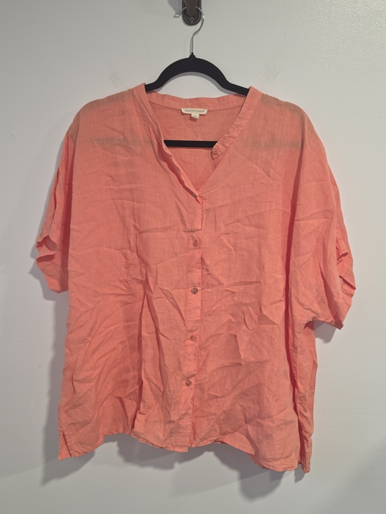 Eileen Fisher Tops - Eileen Fisher Mandarin Collar Short Sleeve Coral Organic Linen Shirt Size 2X